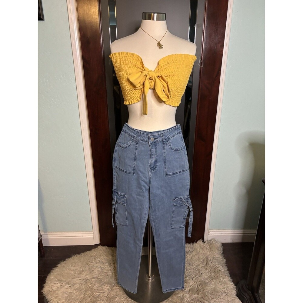 New Cute TIMING Summer Ruched smocked Bow Tied Tube Top Sz Med Yellow